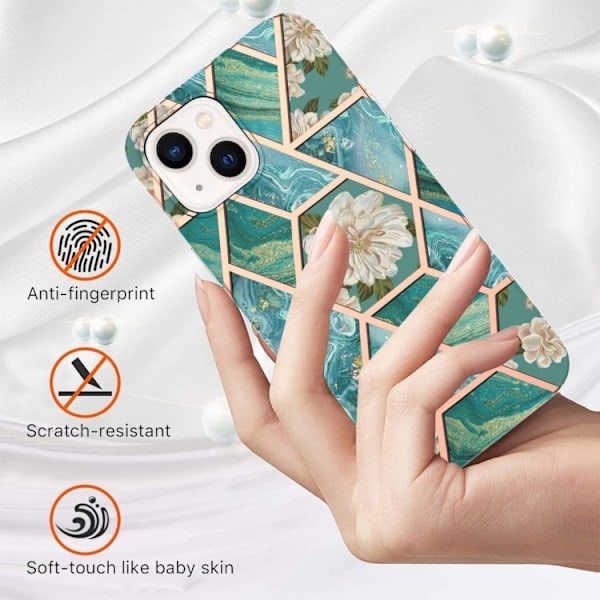iPhone 14 Cover Marmor TPU Blå/Grøn Blomst