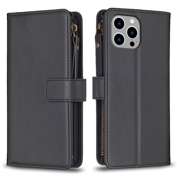 iPhone 15 Pro Max 9-Kort Multifunktionelt Læder Etui Sort