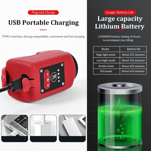 Elektrisk sykkelklokke med frontlys, 6 lyder, justerbart volum, USB-C oppladbar, 4 lysmoduser for nattkjøring, blå Blue