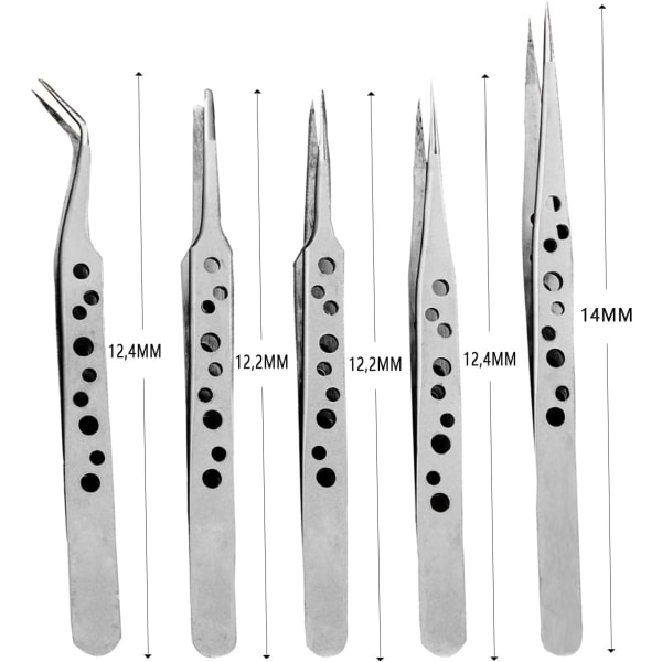 5 st Setpincett med rakt och krökt rostfritt stål