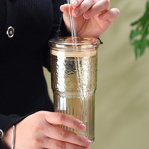 Glasmuggar med lock och sugrör av glas, 590 ml Hög Borosilikatglas Tumbler Iskaffe Vatten Smoothie Stil 2