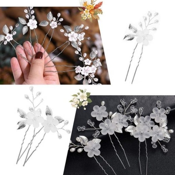 Brudehårnåler til bryllup 5 stk. Blomstrete hårtilbehør Sølv U-formede klemmer for kvinner og jenter Elegant brudesmykker