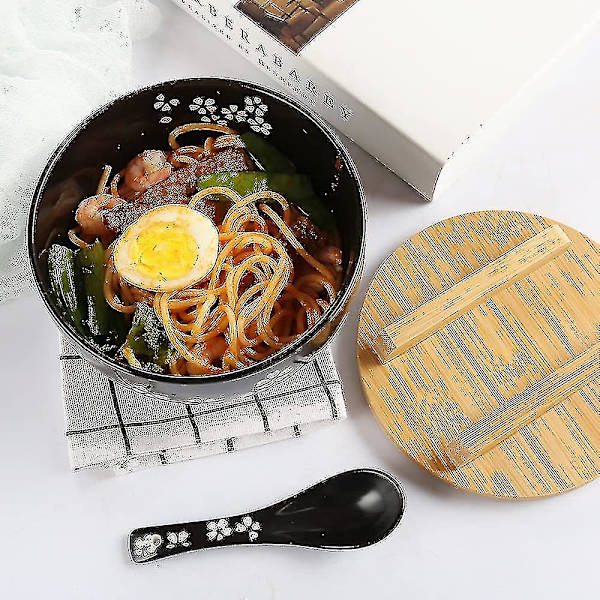 Ramen Skål Sæt, Japanske Ramen Nuddelskåle Med Låg Og Ske, Stor Keramisk Suppeskål, Håndtegnet Sort Ris Skål 6,5 Tommer -p Retro Nuddelskål -yujia