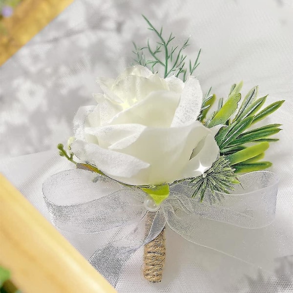 2 stk. Hvide Rose Dame Håndled Blomster og Herre Knaphuls Corsage Velegnet til Brud og Brudepiger Bryllup Prom