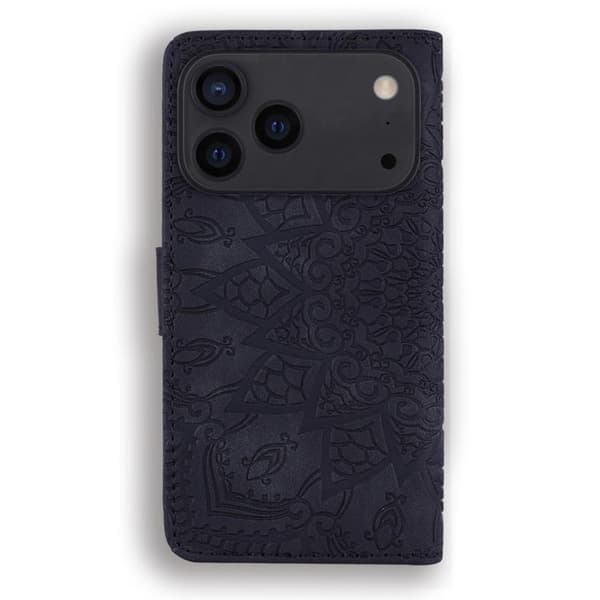 iPhone 17 Pro Max Case Leather Case - Mandala Embossed Double Fold Calfskin Svart