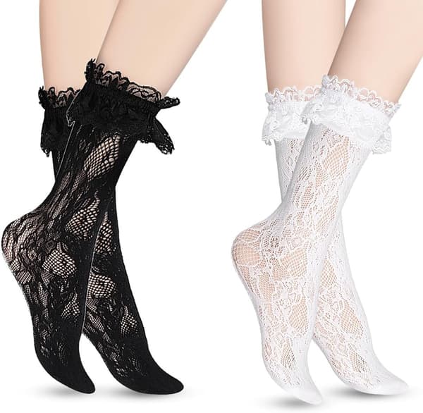Lace Ruffle Sokker for Kvinner, Ankel Prinsesse Tilbehør, Svart og Hvit, 2 Par