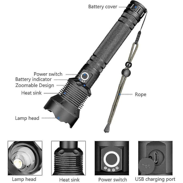 Led-taskulamppu, 90 000 lumenia Xhp70, erittäin tehokas taskulamppu, säädettävä taskulamppu, Tull Zoomable, Usb Re