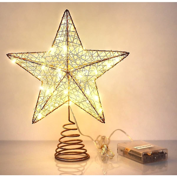 Juletrær Topper Stjerne, Juletrær Toppdekorasjoner med Varm Hvit Led Lys og Timer Funksjon, Uthulet Glitrende Stjerne for Hjem og Kontorinnredning, 8 X 10 Tommer Rose Gull