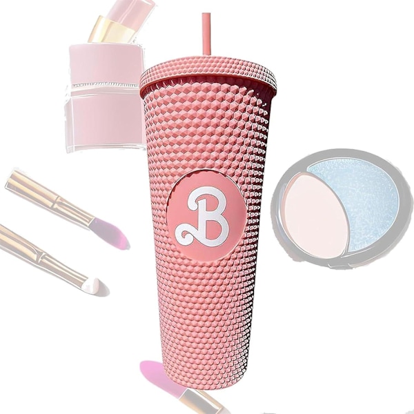 Boblete-krus med lokk og sugerør, lekkasjesikker reisemugg, rosa iskaffe-krus med pigger, for kalde og varme drikker 800 ml