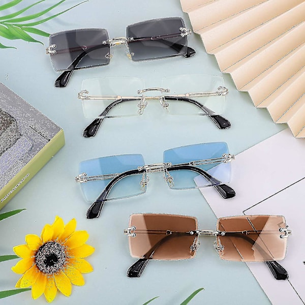 4 stk. Rimless rektangulære solbriller Vintage Rimless briller Retro solbriller Metalramme briller til mænd og kvinder