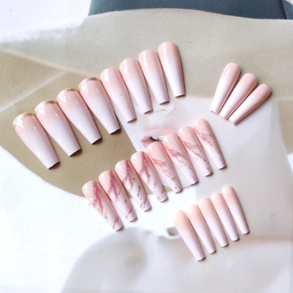 Lange trykk på negler Gradient Fake Nails Full Dekning Bling Løsnegler for kvinner og jenter 24 stk