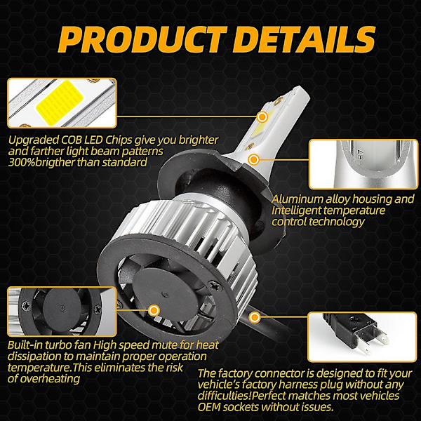 2x H7 LED-strålkastare Hög/Lågstråle Kit 4000w 30000lm Lampor Vit 6500k