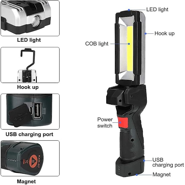 Led-taskulamppu, kannettava USB-ladattava tarkastuslamppu magneettijalustalla, 5 valotilaa