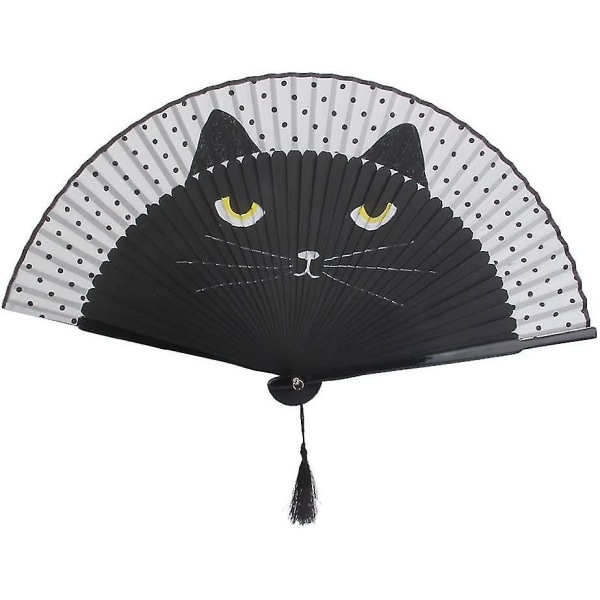 Women Cartoon Cat Folding Silk Fan Handheld Fan (black1pc) -t