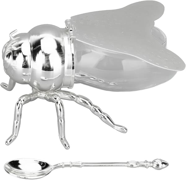 Decorative Bee-Shaped Honey Jar, Honey Pot with Spoon Silver Silver