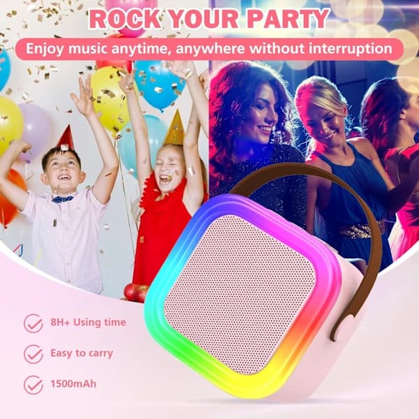 Mini karaokemaskine med 2 trådløse mikrofoner, bærbar Bluetooth-højttaler til børne- og voksenfødselsdagsfester, lyserød