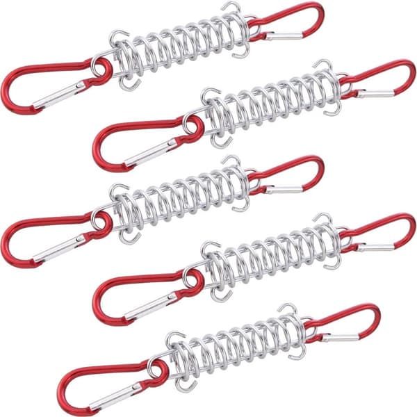 Tältfjäderspännare, 5-pack elastiska fjäderklämmor i stål med karbinhakar för markiser, solsegel, presenningar och camping, 3 x 9,2 cm