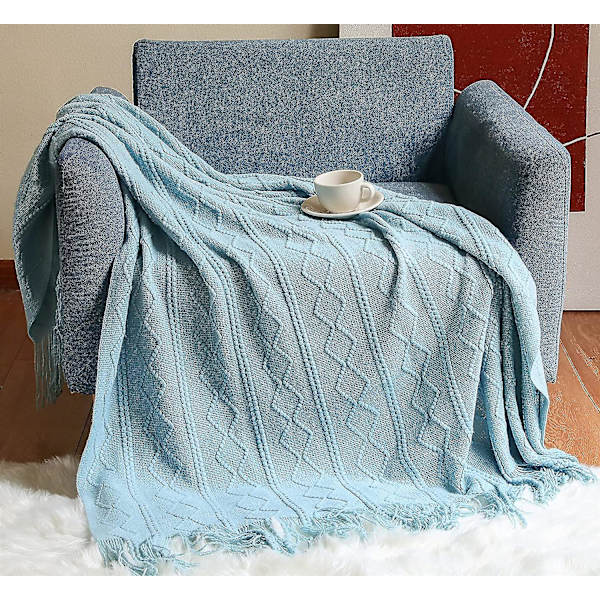 Myk strikket teppe, vendbart teppe, mykt teppe, sjøblå 127*180cm - Stil 2