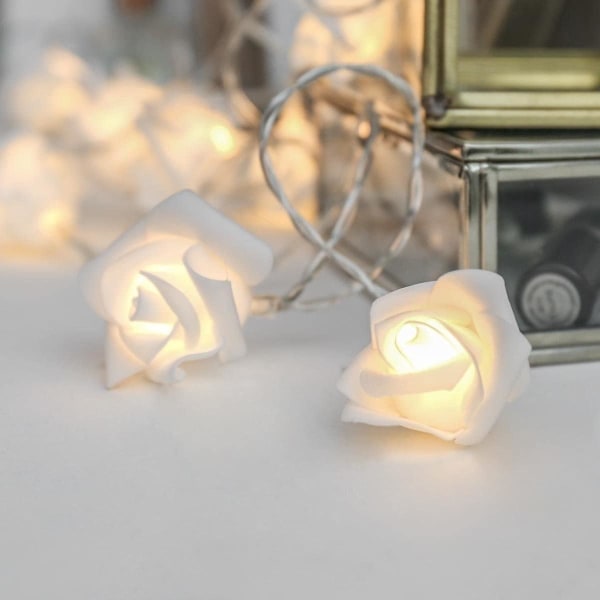 LED-ljusslinga Rosor Vit - 2m | 20 Blommor Varmvit | Rosljusslinga El | Dekoration För: Flickrum, Bröllop, Sminkbord | Ros