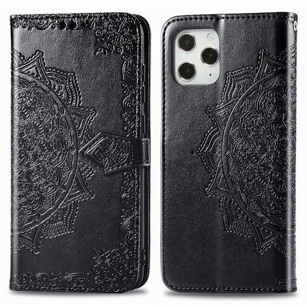 iPhone 12 Pro Max - Mandala Læder Etui - Sort Sort Sort