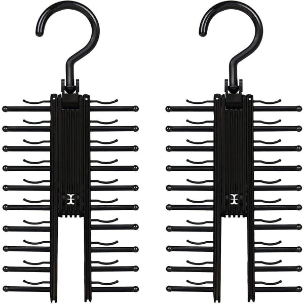 2-pack slipshängare med 20 fack, för halsdukar, bälten, accessoarer, svart slipsbältesnätorganisatör med halkfria klämmor, 360 graders rotation