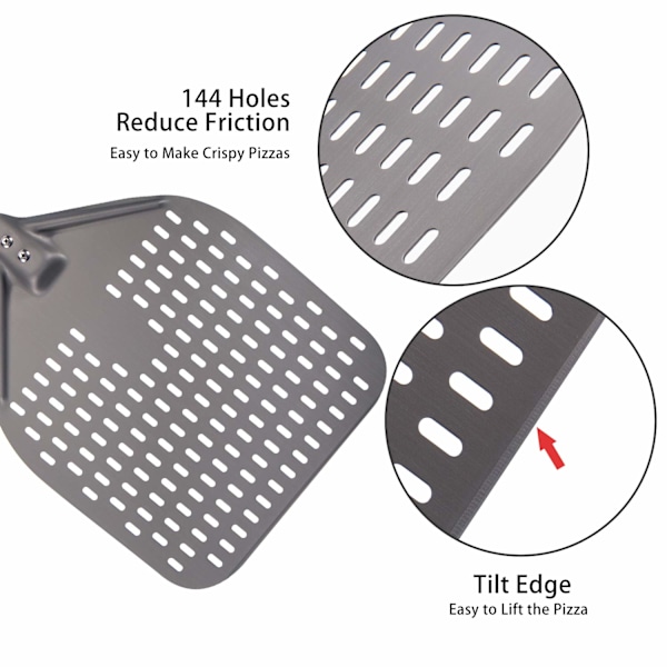 1 stk perforert pizzaskuffe, kompatibel med utendørs ovn, hengende snor, aluminium, grå/svart egnet for steking i ovn