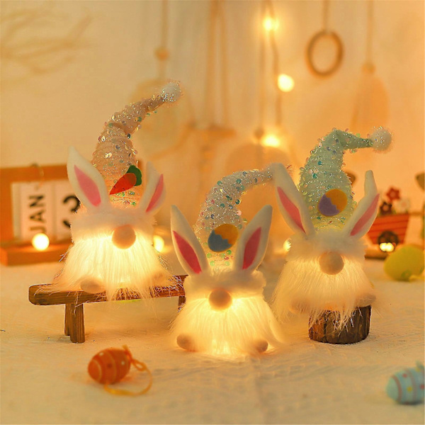 Luminous Rabbit Easter Gnome Plush Decor, Handmade Mini Tomte, Spring Sequin Light-Up Elf, Battery Operated, Compatible with Easter Day