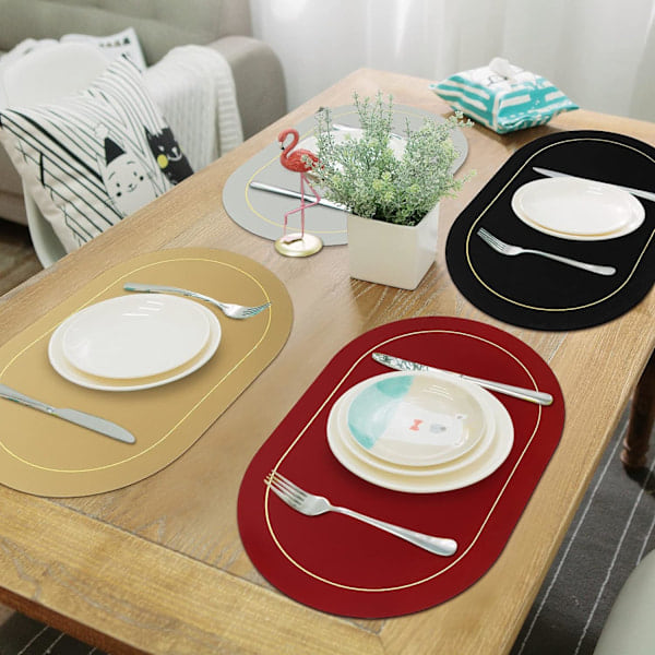 Placemats i konstläder, set om 4 - Dubbelsidig färg, oval design, bordstabletter, vattentäta, tvättbara, värmebeständiga för inomhusbruk