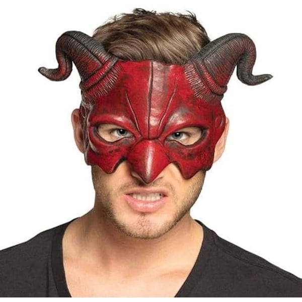 Skumhalvmask, Röd Skelett-Skalle med Böjda Horn, Bekväm Vuxenmask för Halloween, Karneval och Temafester, One Size
