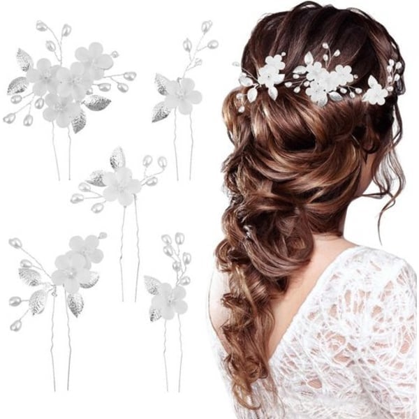 Brudehårnåler til bryllup 5 stk. Blomstrete hårtilbehør Sølv U-formede klemmer for kvinner og jenter Elegant brudesmykker