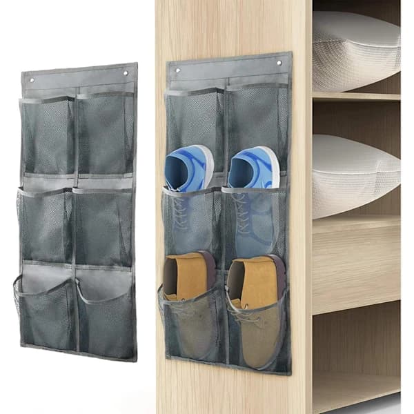2-pack dörrhängd skoförvaring med krokar, hopfällbar hängande skoförvaring med 6 stora tygfickor för garderob och sovrum, grå