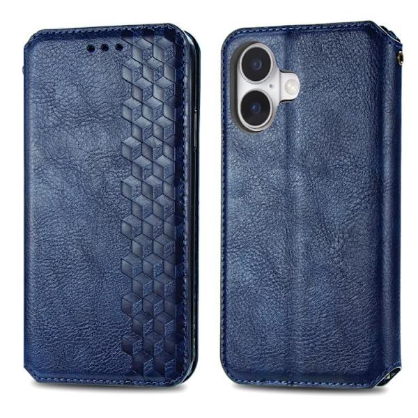 iPhone 17 Leather Case with Cubic Grid Design and Magnetic Closure Blå