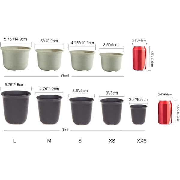 12cm Plastkrukor Med Bricka Mörkgrå - 10-pack