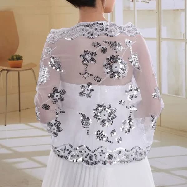 Ny brud bröllopsklänning dam Cheongsam sjal vit spets broderade paljetter Lång