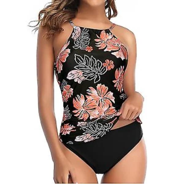 Dam Vadderad Tankini Bikini Set Hög Midja Baddräkt Baddräkt-r (2XL B)[CO]