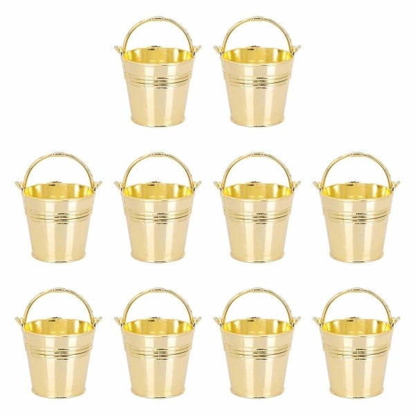 10 stk. Børnefestartikler Pommes Frites Spand Slikopbevaring Mini Blikplade Metalspand Flowe Gylden 8x5,5 cm