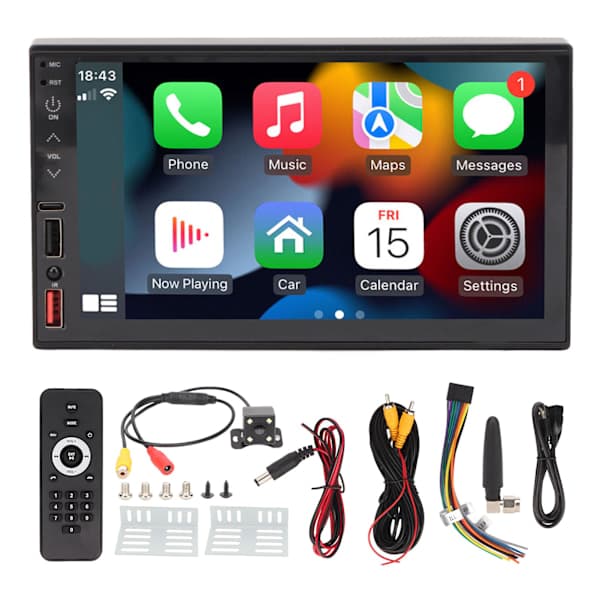 7-tommers multimedieafspiller til bil med bakkamera, dobbelt DIN, HD-understøttelse, Carplay, Bluetooth, spejllink, Aux til Android Auto[co]