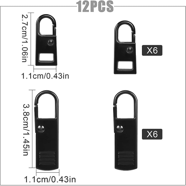 12 stk. glidelåstreparasjoner i metall, glidelåstreparasjon i sinklegering (svart, 2 størrelser)
