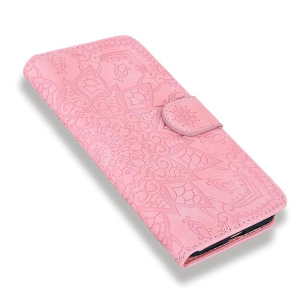 iPhone 17 Pro Max Case Leather Case - Mandala Embossed Double Fold Calfskin Rosa