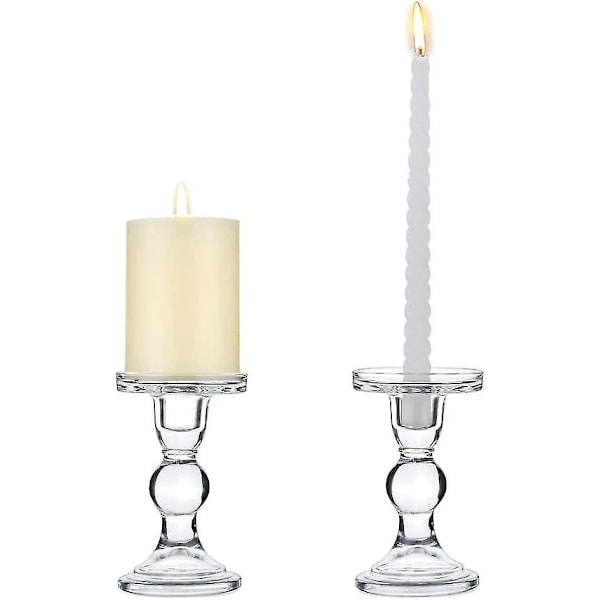 Set Of 2 Clear Glass Candle Holders, Wedding Pillars Candlestick Holders For 75mm Candles