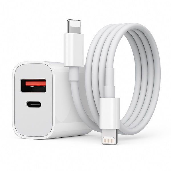 iPhone-kompatibel USB, USB-C hurtigoplader med Lightning-kabel Vit white