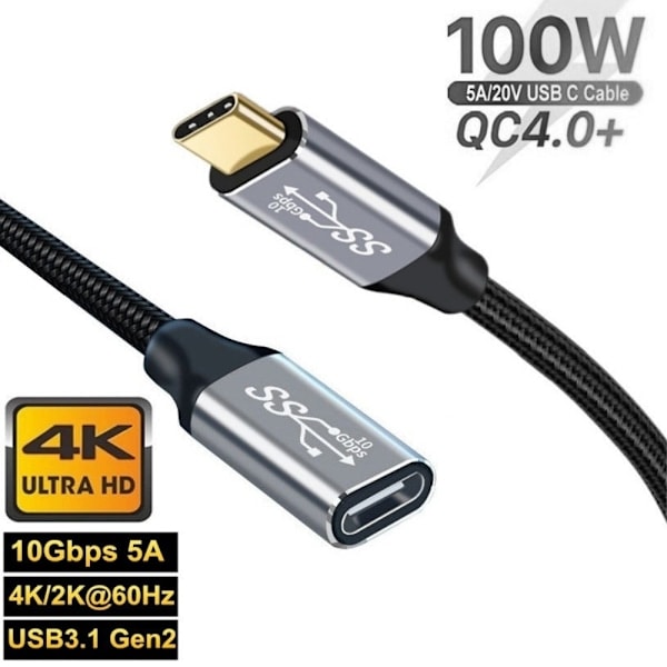 1m USB-C 3.1 Gen2 Han - USB-C Hun Adapter Kabel Sort