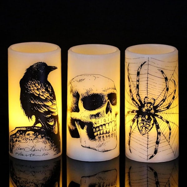 Halloween Flameless Candles, Battery Operated Real Wax LED Candles with Raven, Spider, Spiderweb and Skull for Halloween Decoration