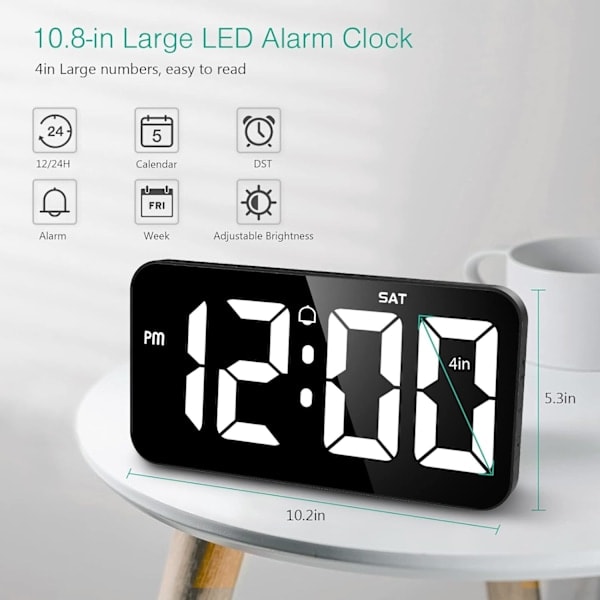Digital väggklocka, 25 cm stor LED-digital väckarklocka, 10 cm siffra, sommartid kalenderklocka, väckarklocka, 5 ljusstyrkenivåer.