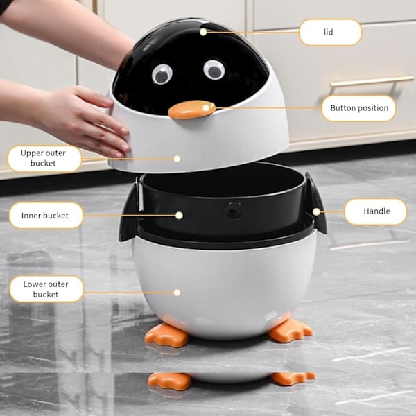 Penguin Trash Can, ABS Wastebasket for Kids Room, Animal Shaped Waste Bin, Garbage Container for Car, Home, Office