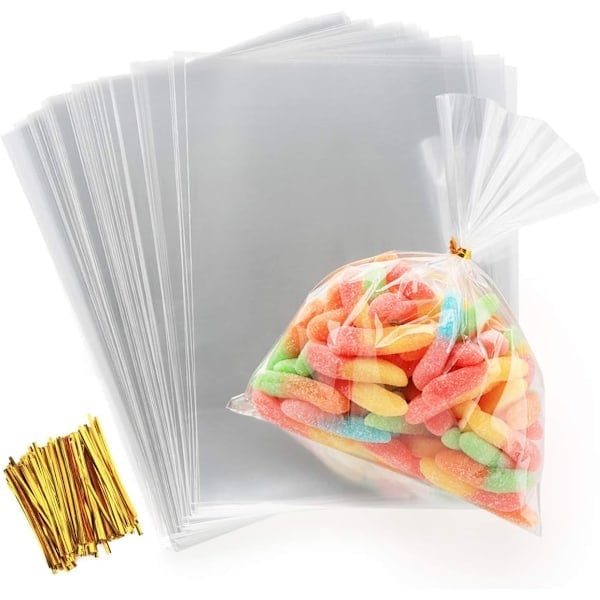 200 stk Klar Plastikpose OPP-pose 15x20cm Cellofan Slikpose Transparent Gavepose med Twist Tie 10cm til