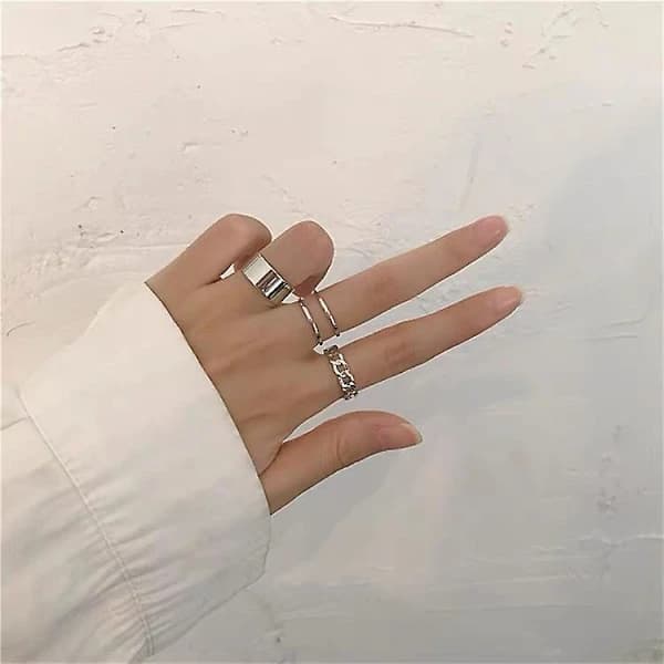 3-pack Silver Staplade Ring Kedja Ring Set Dammode[co]