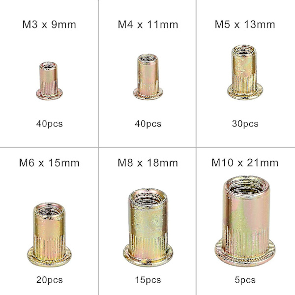 150 stk. Nøtter med nagler M3 M4 M5 M6 M8 M10 Galvaniserte Karbonstål Trådinnlegg Sortimentsett 150x