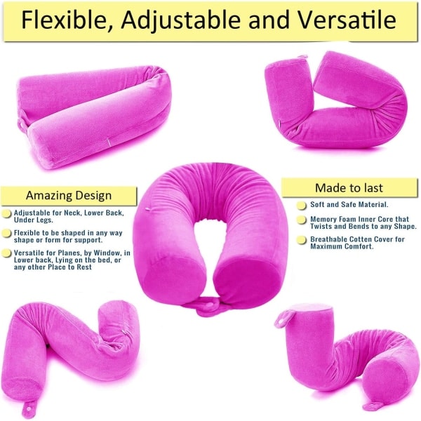 Twist Memory Foam Resekudde Nacke, Haka, Axel, Ländrygg och Benstöd för Vuxna Flygresor Kudde (Rosa)
