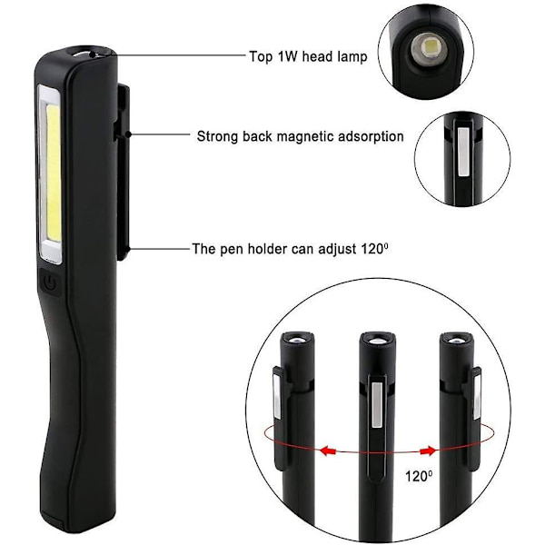 Genopladelig LED-arbejdslampe, 2 stk. 350 lumen COB mekaniker lommelygte ultra kraftig lommelygte inspektionslampe